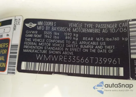 2006 Mini Cooper S z USA, uszkodzony, nr VIN WMWRE33566TJ39961